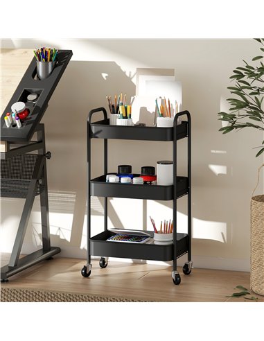 HOMCOM Three-Tier Steel Storage Trolley - Black
