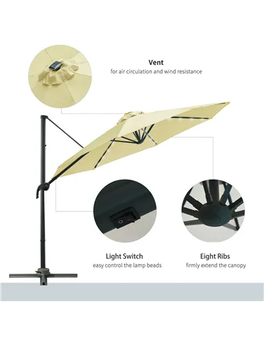 Outsunny 3(m) LED Cantilever Parasol Garden Sun Umbrella w/ Base and Solar Lights Beige