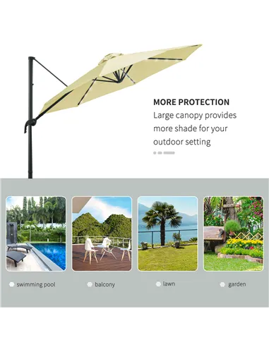 Outsunny 3(m) LED Cantilever Parasol Garden Sun Umbrella w/ Base and Solar Lights Beige