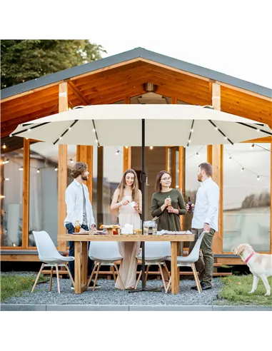 Outsunny 4.4m Double-Sided Sun Umbrella Patio Parasol LED Solar Lights Cream White