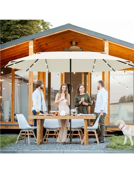 Outsunny 4.4m Double-Sided Sun Umbrella Patio Parasol LED Solar Lights Cream White