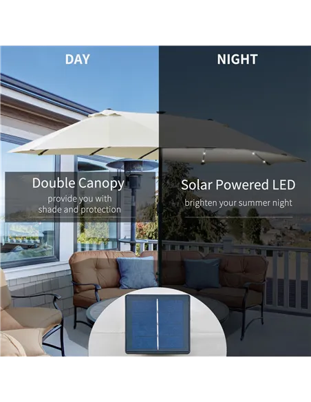 Outsunny 4.4m Double-Sided Sun Umbrella Patio Parasol LED Solar Lights Cream White