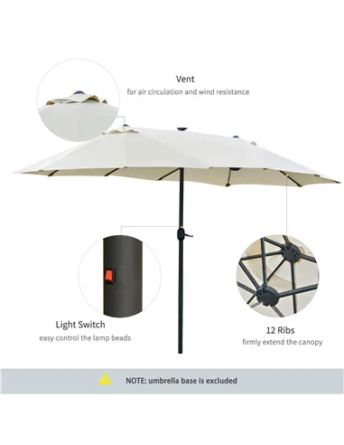 Outsunny 4.4m Double-Sided Sun Umbrella Patio Parasol LED Solar Lights Cream White