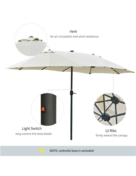 Outsunny 4.4m Double-Sided Sun Umbrella Patio Parasol LED Solar Lights Cream White