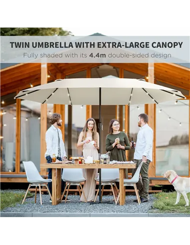 Outsunny 4.4m Double-Sided Sun Umbrella Patio Parasol LED Solar Lights Cream White