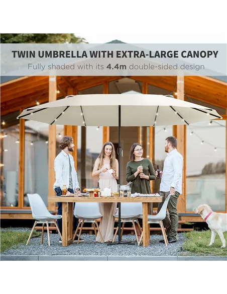 Outsunny 4.4m Double-Sided Sun Umbrella Patio Parasol LED Solar Lights Cream White