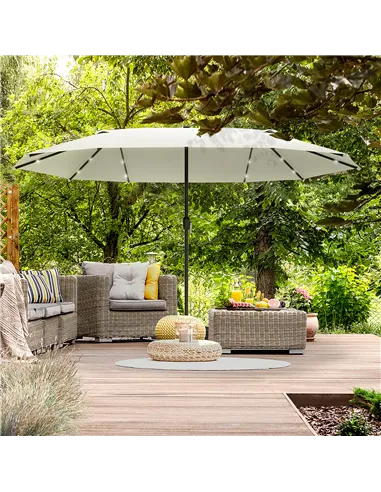 Outsunny 4.4m Double-Sided Sun Umbrella Patio Parasol LED Solar Lights Cream White