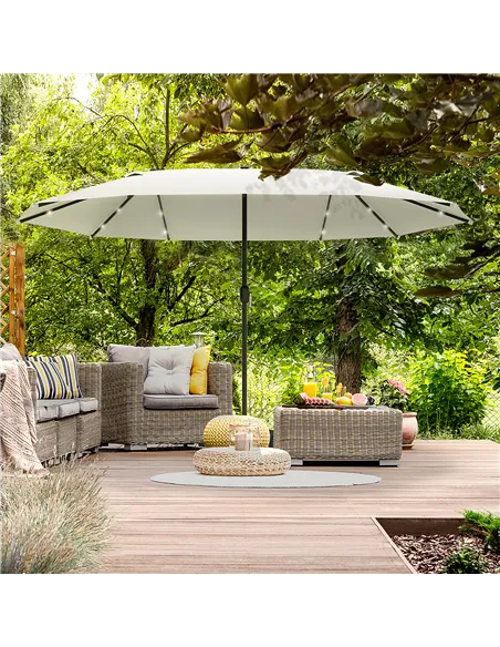 Outsunny 4.4m Double-Sided Sun Umbrella Patio Parasol LED Solar Lights Cream White