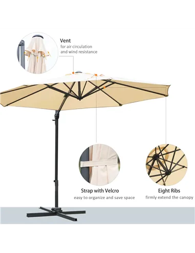 Outsunny Round Umbrella Parasol W/ Tilt 360° Rotation and Hand Crank Cross Base-Beige