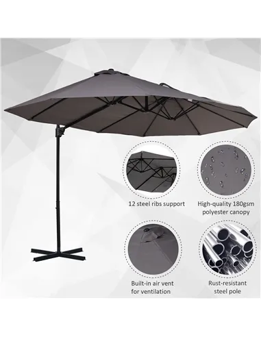 Outsunny Double Canopy Offset Parasol Umbrella Garden Shade w/ Steel Pole 12 Ribs Grey