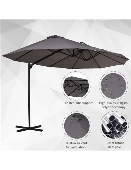 Outsunny Double Canopy Offset Parasol Umbrella Garden Shade w/ Steel Pole 12 Ribs Grey