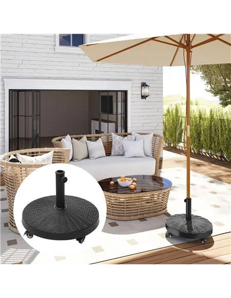 Outsunny 22.7kg Resin Patio Parasol Base Umbrella Stand Weight Deck Garden Sunshade Holder Round w/ Wheels Brakes Outdoor