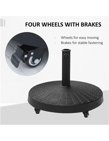 Outsunny 22.7kg Resin Patio Parasol Base Umbrella Stand Weight Deck Garden Sunshade Holder Round w/ Wheels Brakes Outdoor