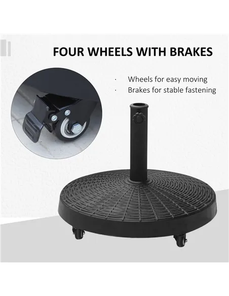 Outsunny 22.7kg Resin Patio Parasol Base Umbrella Stand Weight Deck Garden Sunshade Holder Round w/ Wheels Brakes Outdoor