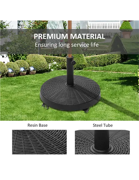 Outsunny 22.7kg Resin Patio Parasol Base Umbrella Stand Weight Deck Garden Sunshade Holder Round w/ Wheels Brakes Outdoor