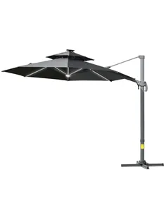 Outsunny 3m Cantilever Parasol w/ Solar Lights Power Bank Base 360° Spin Dark Grey