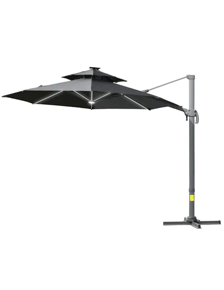 Outsunny 3m Cantilever Parasol w/ Solar Lights Power Bank Base 360° Spin Dark Grey