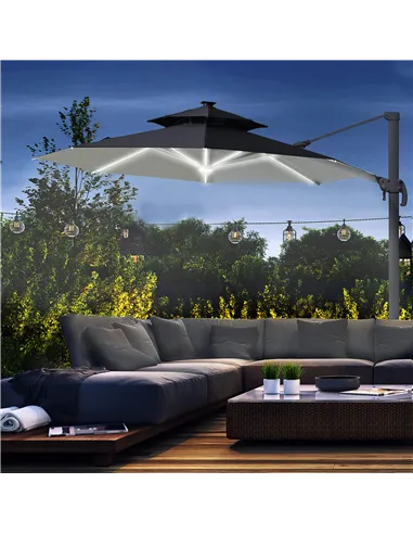 Outsunny 3m Cantilever Parasol w/ Solar Lights Power Bank Base 360° Spin Dark Grey