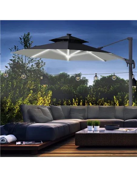 Outsunny 3m Cantilever Parasol w/ Solar Lights Power Bank Base 360° Spin Dark Grey
