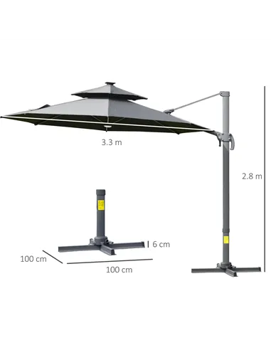 Outsunny 3m Cantilever Parasol w/ Solar Lights Power Bank Base 360° Spin Dark Grey