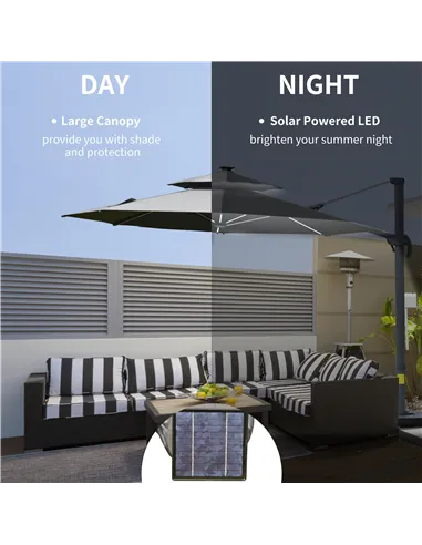 Outsunny 3m Cantilever Parasol w/ Solar Lights Power Bank Base 360° Spin Dark Grey