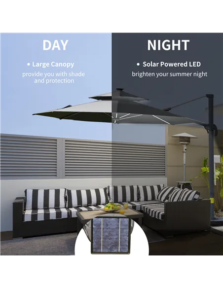 Outsunny 3m Cantilever Parasol w/ Solar Lights Power Bank Base 360° Spin Dark Grey