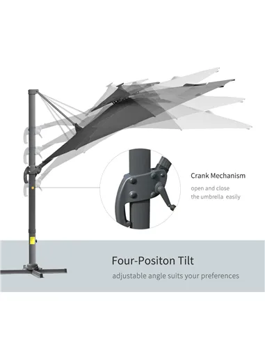 Outsunny 3m Cantilever Parasol w/ Solar Lights Power Bank Base 360° Spin Dark Grey