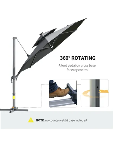 Outsunny 3m Cantilever Parasol w/ Solar Lights Power Bank Base 360° Spin Dark Grey