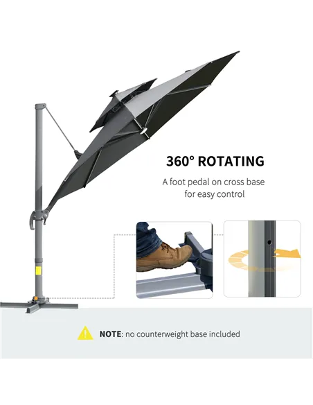 Outsunny 3m Cantilever Parasol w/ Solar Lights Power Bank Base 360° Spin Dark Grey