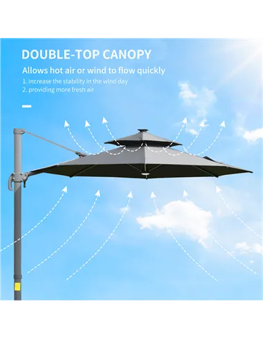 Outsunny 3m Cantilever Parasol w/ Solar Lights Power Bank Base 360° Spin Dark Grey