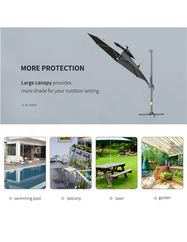 Outsunny 3m Cantilever Parasol w/ Solar Lights Power Bank Base 360° Spin Dark Grey