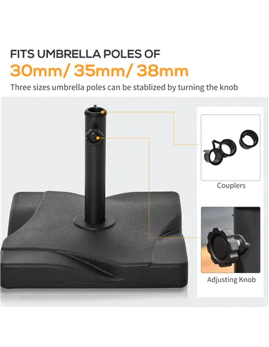 Outsunny 20kg Square Parasol Base Outdoor Garden Cement Umbrella Weight Stand Holder, Fits Φ32mm,Φ38mm,Φ48mm Pole - Black