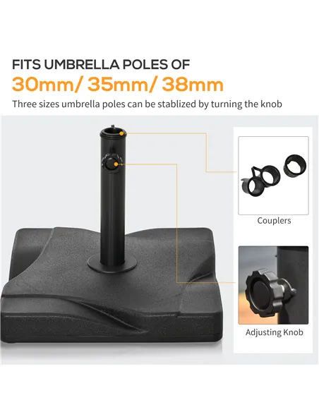 Outsunny 20kg Square Parasol Base Outdoor Garden Cement Umbrella Weight Stand Holder, Fits Φ32mm,Φ38mm,Φ48mm Pole - Black