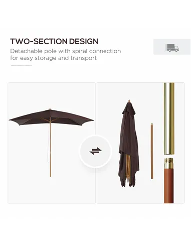 Outsunny 2 x 3m Wooden Garden Parasol Umbrella Outdoor Sun Shade Canopy, Dark Coffee
