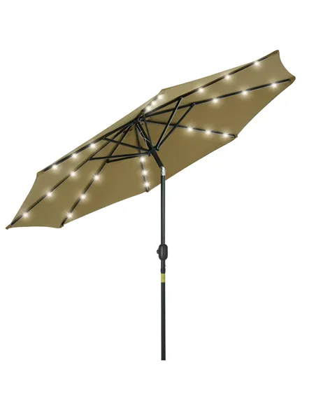 Outsunny 2.7m Patio Garden Umbrella Outdoor Parasol with Tilt Crank and 24 LEDs Lights (Brown)