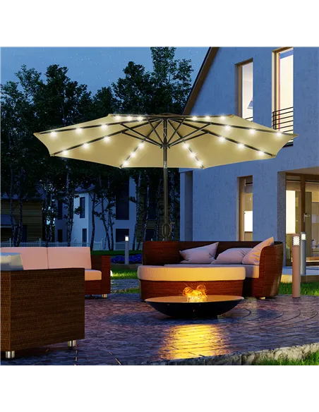 Outsunny 2.7m Patio Garden Umbrella Outdoor Parasol with Tilt Crank and 24 LEDs Lights (Brown)