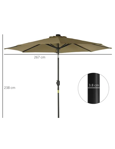 Outsunny 2.7m Patio Garden Umbrella Outdoor Parasol with Tilt Crank and 24 LEDs Lights (Brown)