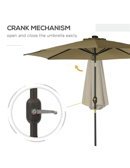 Outsunny 2.7m Patio Garden Umbrella Outdoor Parasol with Tilt Crank and 24 LEDs Lights (Brown)