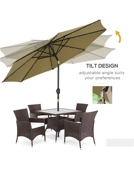 Outsunny 2.7m Patio Garden Umbrella Outdoor Parasol with Tilt Crank and 24 LEDs Lights (Brown)
