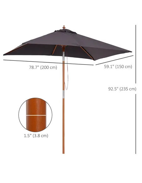 Outsunny 2m x 1.5m Garden Parasol Umbrella with Tilting Sunshade Canopy, Outdoor Market Table Umbrella with Wood and Bamboo Fram