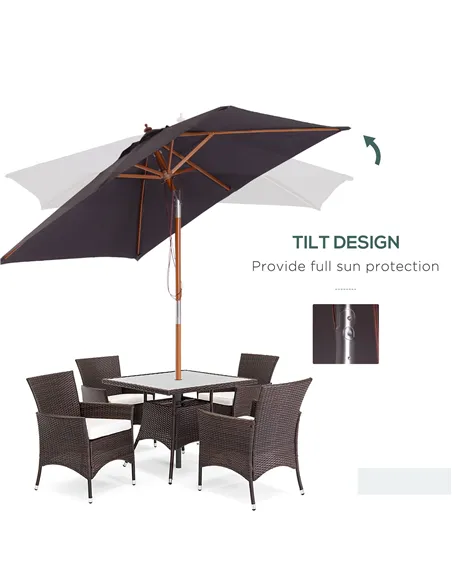 Outsunny 2m x 1.5m Garden Parasol Umbrella with Tilting Sunshade Canopy, Outdoor Market Table Umbrella with Wood and Bamboo Fram