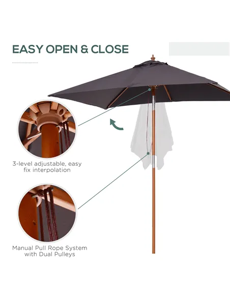 Outsunny 2m x 1.5m Garden Parasol Umbrella with Tilting Sunshade Canopy, Outdoor Market Table Umbrella with Wood and Bamboo Fram