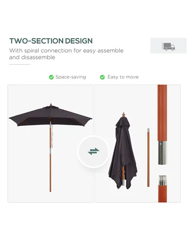 Outsunny 2m x 1.5m Garden Parasol Umbrella with Tilting Sunshade Canopy, Outdoor Market Table Umbrella with Wood and Bamboo Fram