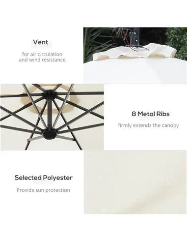 Outsunny Umbrella Parasol W/Solar Powered LED strips, Φ2.95x2.45H m-Cream