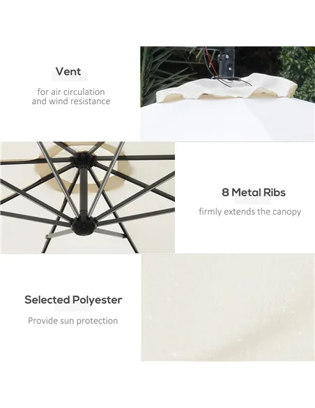 Outsunny Umbrella Parasol W/Solar Powered LED strips, Φ2.95x2.45H m-Cream