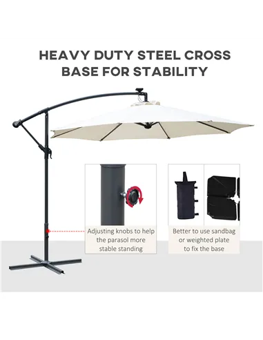 Outsunny Umbrella Parasol W/Solar Powered LED strips, Φ2.95x2.45H m-Cream