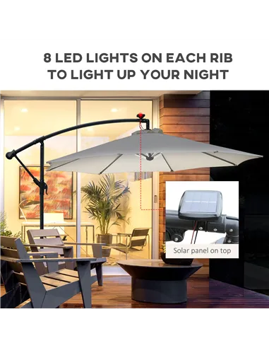 Outsunny Umbrella Parasol W/Solar Powered LED strips, Φ2.95x2.45H m-Cream