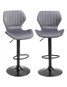 HOMCOM Bar Stool Set of 2 Velvet-Touch Fabric Adjustable Height Swivel Counter Chairs with Footrest, Grey