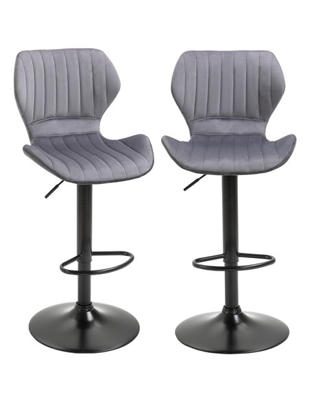 HOMCOM Bar Stool Set of 2 Velvet-Touch Fabric Adjustable Height Swivel Counter Chairs with Footrest, Grey