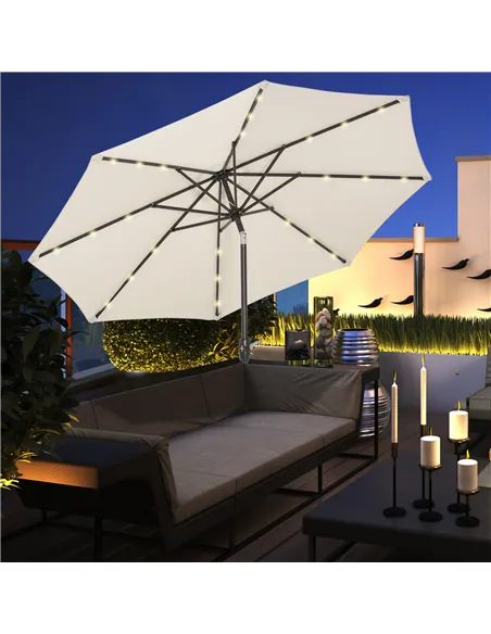 Outsunny Φ2.7m Garden 24 LED Light Parasol Solar Outdoor Tilt Sun Umbrella Patio Club Party Event Manual Sun Shade w/ Hand Crank